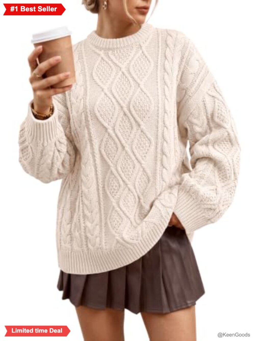 Oversized Cable Knit Cotton Acrylic Pullover Sweater Crew Neck